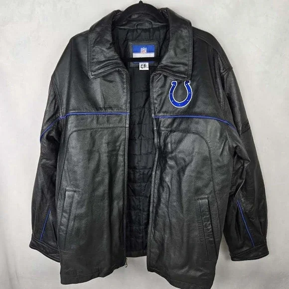 VTG Reebok NFL Indianapolis Colts On Field Leather Jacket Mens L Black Full Zip - Picture 2 of 9